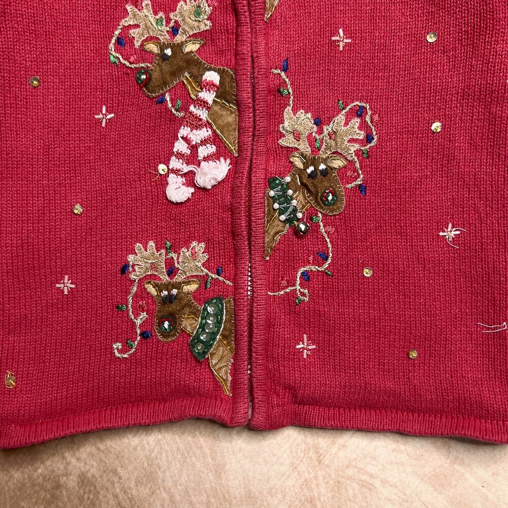 Vintage Y2K Reindeer Christmas Sweater Zip Red Beaded Knit Embroidered Holiday - Picture 5 of 8